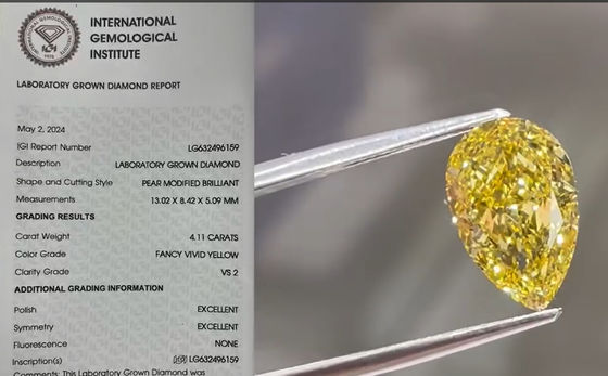 4CT CVD 黄色 実験室で育てた ダイヤモンド 梨形 華やかな鮮明な黄色 ダイヤモンドの指輪 ネックレス